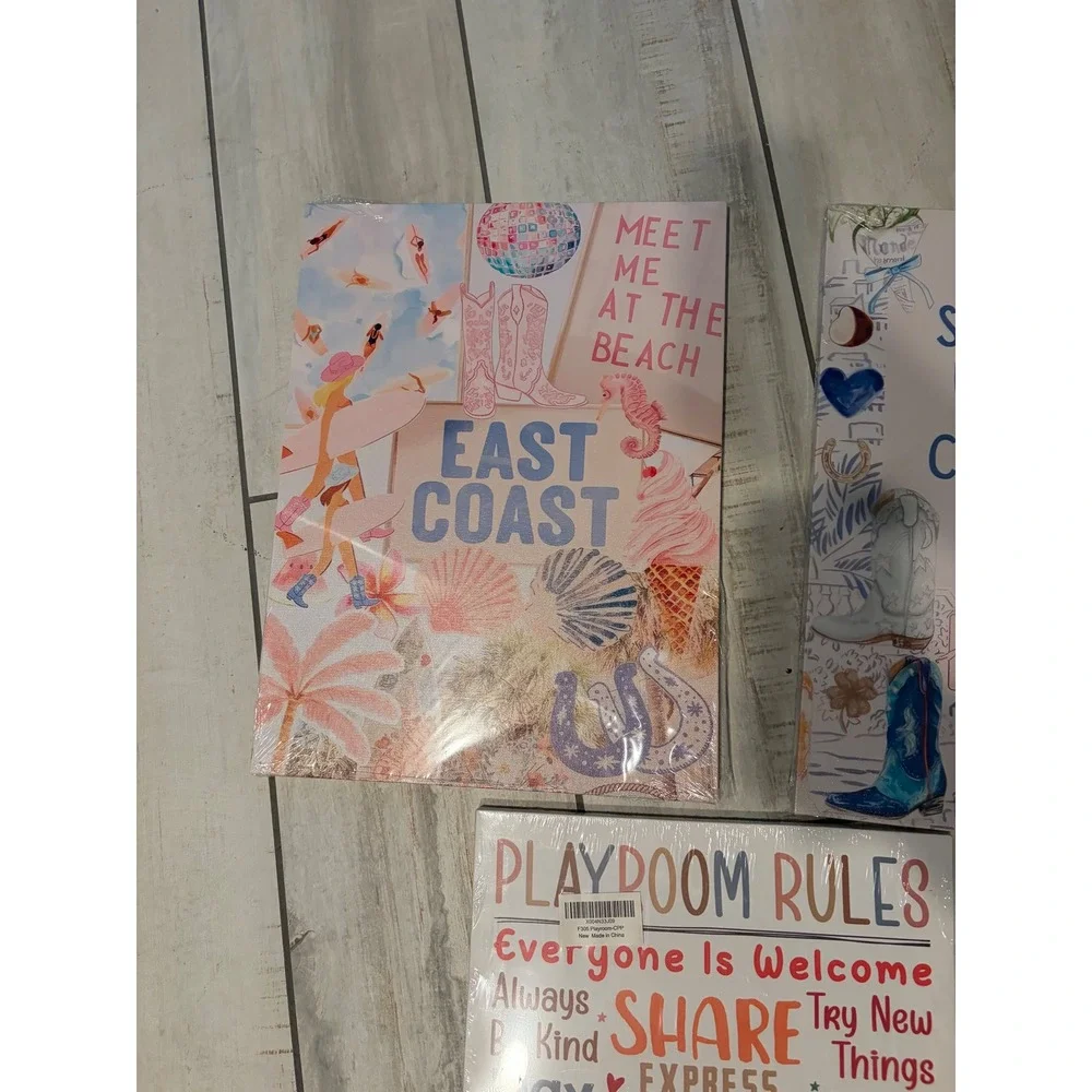 Set of 3 Preppy Canvas Wall Art East Coast Surfs Up Cowboy Playroom Rules Decor